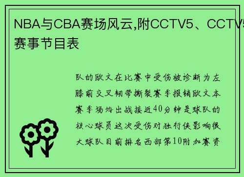 NBA与CBA赛场风云,附CCTV5、CCTV5+赛事节目表