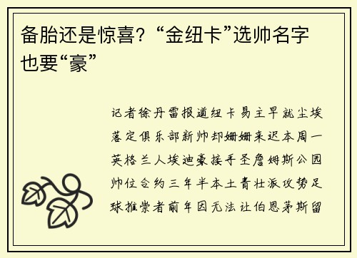 备胎还是惊喜？“金纽卡”选帅名字也要“豪”